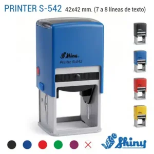 Sello automático cuadrado Shiny Printer S-542 de 42x42 mm en carcasa azul con 4 colores negro, azul, rojo y amarillo y colores de tinta disponibles