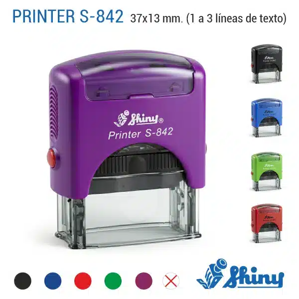 Shiny S-842 - 38x14 mm. Sello automático Personalizado 1 Sello automático Shiny Printer S-842 de 38x14 mm en color violeta con colores de carcasa disponibles y colores de tinta