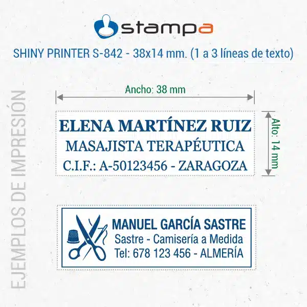 Shiny S-842 - 38x14 mm. Sello automático Personalizado 5 Ejemplos de estampación del sello Shiny S-842 de 38x14 mm para masajista terapéutica y sastre con logo y 3 líneas de texto
