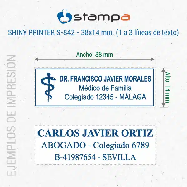 Shiny S-842 - 38x14 mm. Sello automático Personalizado 4 Ejemplos de estampación del sello Shiny S-842 de 38x14 mm para médico de familia colegiado y abogado con 3 líneas de texto