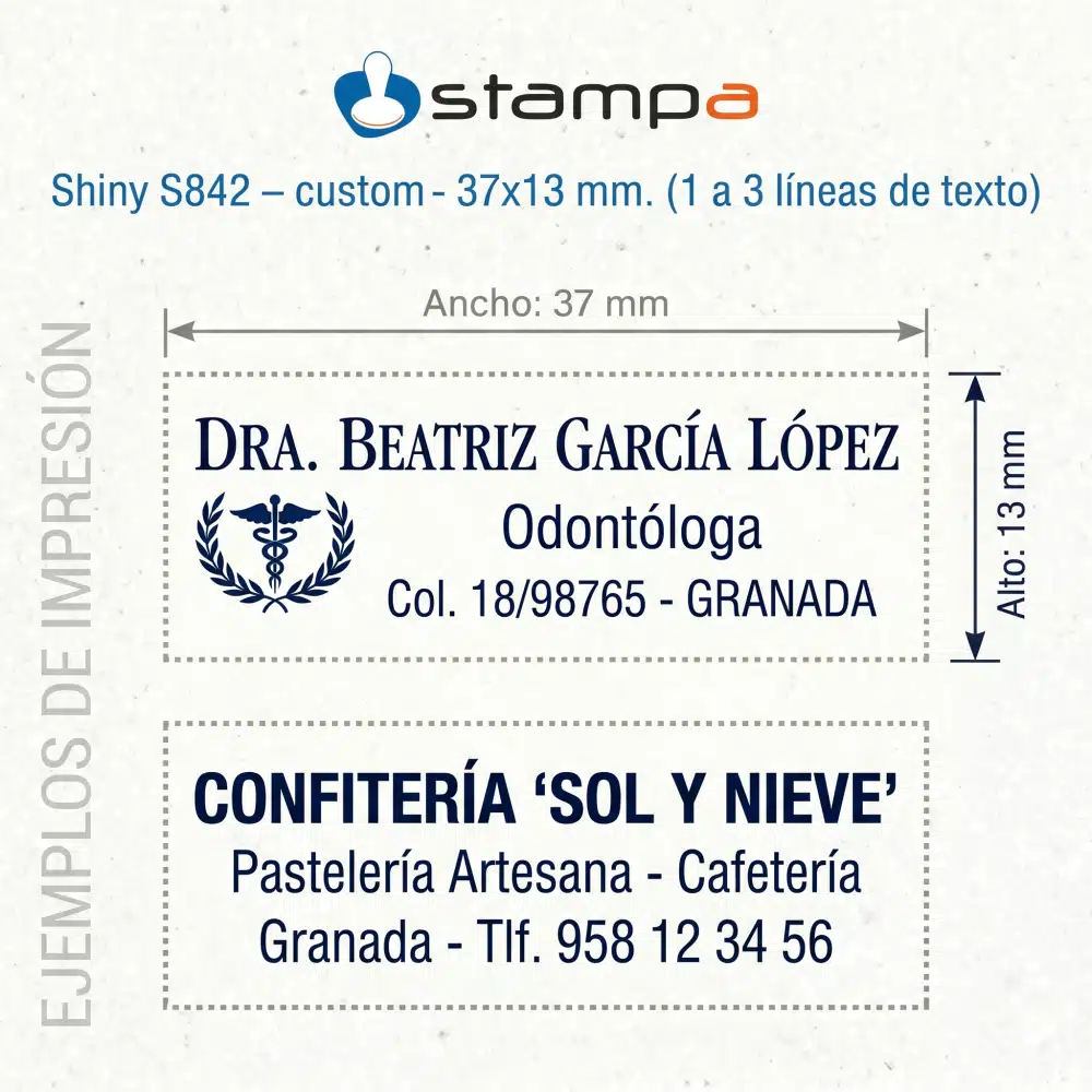 Ejemplos de sellos automáticos personalizados realizados con el modelo Shiny PrinterS-842 en Stampa.es.