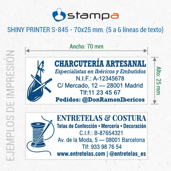 Shiny S-845 sello Automático Personalizado – 70×25 mm 5 Ejemplos de impresión del sello Shiny Printer S-845 de 70x25 mm con logotipo lateral y 6 líneas de texto de empresa