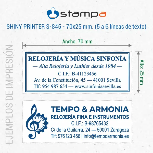 Shiny S-845 sello Automático Personalizado – 70×25 mm 4 Ejemplos de diseño del sello Shiny S-845 de 70x25 mm con logotipo y datos fiscales de empresa en 5 y 6 líne