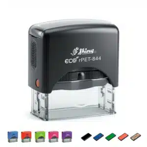 Infografía del Shiny Rpet-844 mostrando opciones de colores, tintas y ejemplos de impresión de 56x21mm.