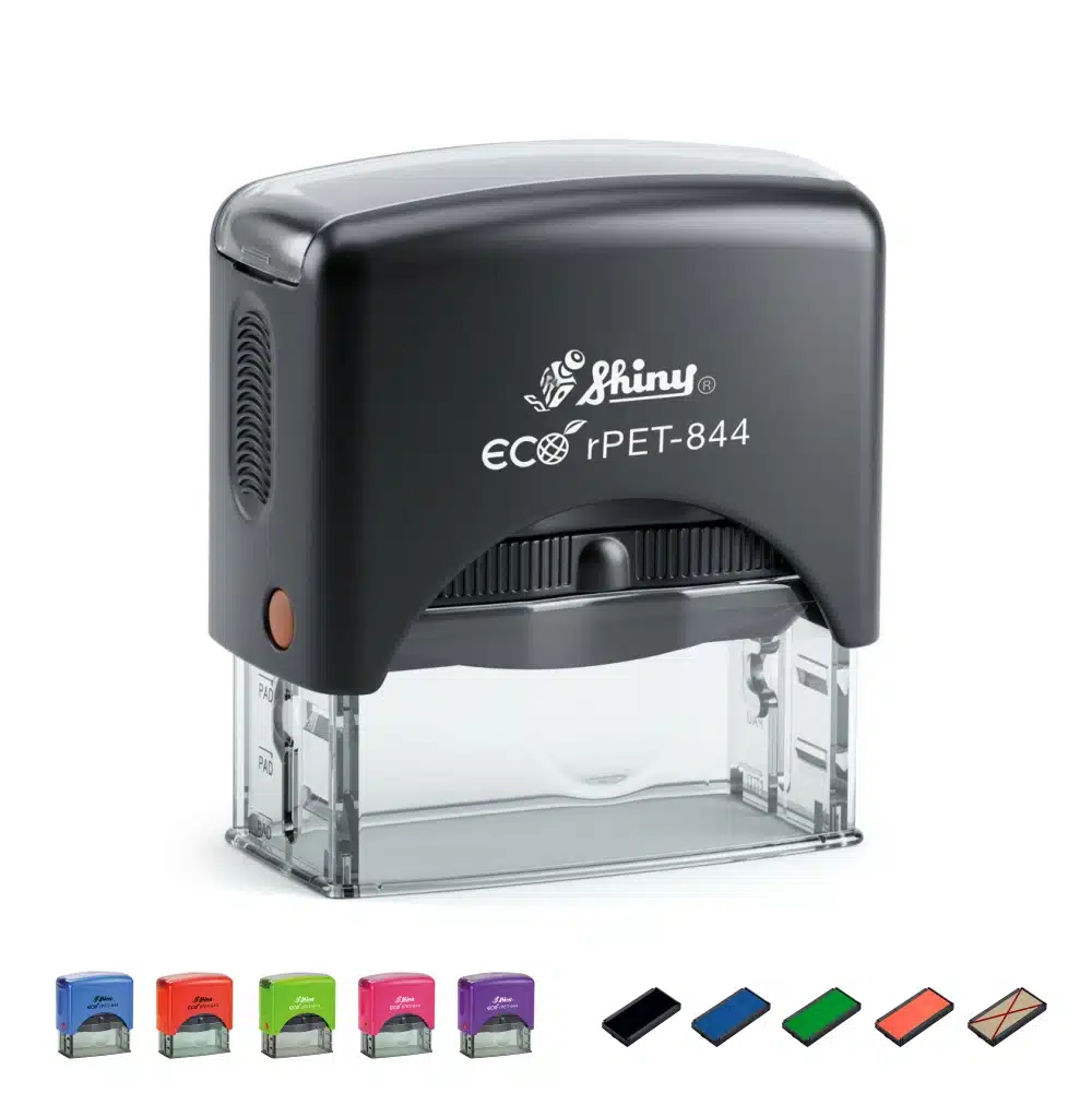 Infografía del Shiny Rpet-844 mostrando opciones de colores, tintas y ejemplos de impresión de 56x21mm.