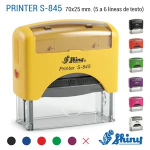 Sello automático Shiny Printer S-845 de 70x25 mm en color azul con ejemplos de estampación, colores de carcasa y colores de tinta disponibles
