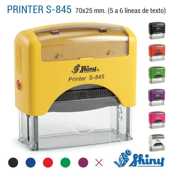 Shiny S-845 sello Automático Personalizado – 70×25 mm 1 Sello automático Shiny Printer S-845 de 70x25 mm en color azul con ejemplos de estampación, colores de carcasa y colores de tinta disponibles