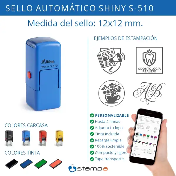 Shiny S-510 - 12x12 mm. Sello Automático Mini 3 Infografía del sello automático mini Shiny S-510 de 12x12 mm con tapa: hasta 2 líneas, logo, 4 colores, tinta incluida y tapa de transporte para bolsillo
