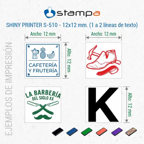 Shiny S-510 - 12x12 mm. Sello Automático Mini 4 Cuatro ejemplos del sello mini Shiny S-510 de 12x12 mm: cafetería y frutería en azul, zapatero artesano en rojo, barbería en verde y letra K grande en negro