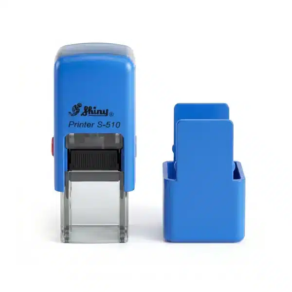 Shiny S-510 - 12x12 mm. Sello Automático Mini 2 Vista frontal del sello automático mini Shiny Printer S-510 de 12x12 mm en carcasa azul con la tapa de transporte extraída al lado