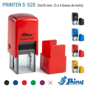 Sello automático cuadrado Shiny Printer S-520 de 20x20 mm con tapa de transporte extraída en 4 colores negro, azul, rojo y amarillo y colores de tinta