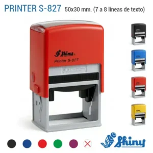 Sello automático Shiny Printer S-827 de 50x30 mm en carcasa roja con 4 colores disponibles: negro, azul, rojo y amarillo, y 7 colores de tinta