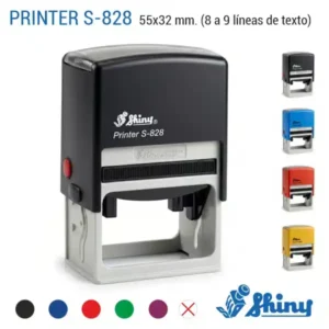 Sello automático Shiny Printer S-828 de 55x32 mm en carcasa negra con 4 colores disponibles: negro, azul, rojo y amarillo, y 7 colores de tinta
