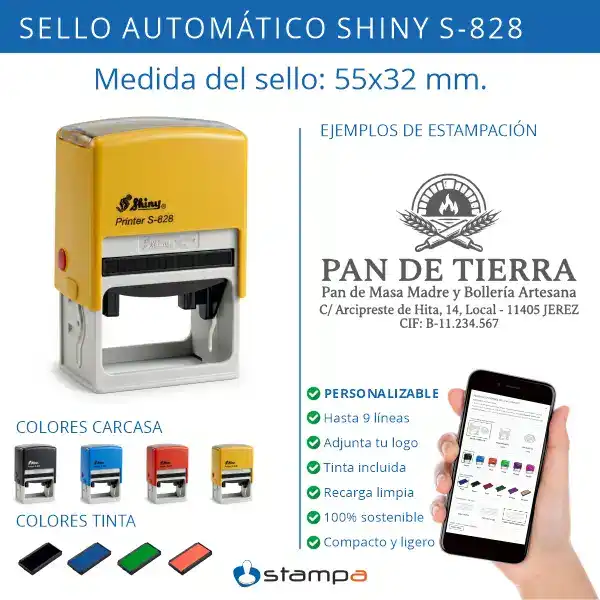 Shiny S-828 - 55x32 mm. Sello automático personalizado 3 Infografía de características del sello automático Shiny S-828: medida 55x32 mm, personalizable hasta 9 líneas, logo incluido, tinta incluida, recarga limpia y 100% sostenible