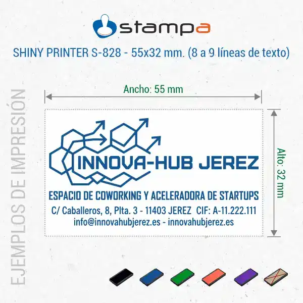 Shiny S-828 - 55x32 mm. Sello automático personalizado 7 Ejemplo de sello Shiny S-828 de 55x32 mm para espacio de coworking y aceleradora de startups con logo, CIF, dirección y web en tinta azul