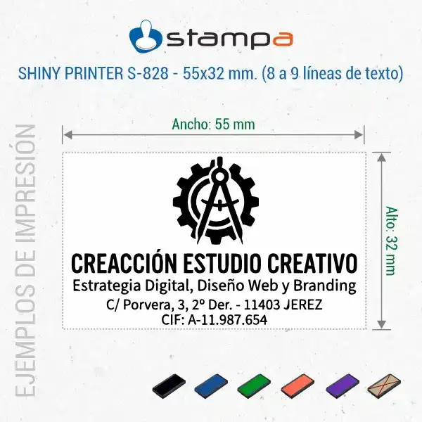 Shiny S-828 - 55x32 mm. Sello automático personalizado 6 Ejemplo de estampación del sello Shiny S-828 de 55x32 mm para estudio creativo de diseño web y branding con logo y datos completos en tinta negra