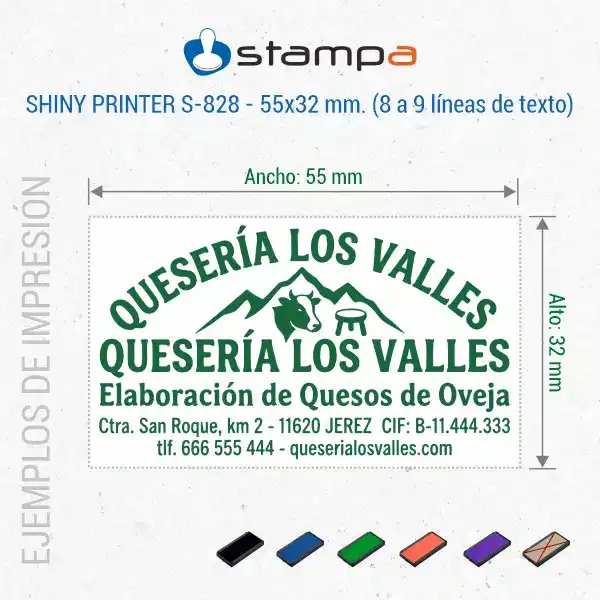 Shiny S-828 - 55x32 mm. Sello automático personalizado 5 Ejemplo de sello grande Shiny S-828 de 55x32 mm para quesería artesanal con logotipo detallado de montaña y vaca en tinta verde