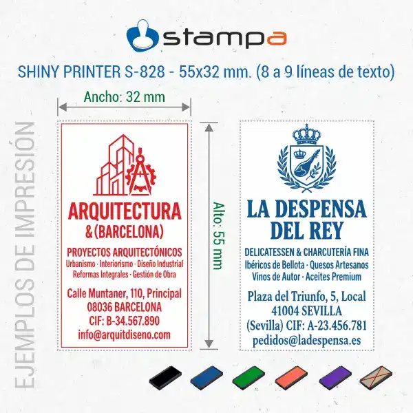 Shiny S-828 - 55x32 mm. Sello automático personalizado 4 Dos ejemplos de sello Shiny S-828 de 55x32 mm en formato vertical para estudio de arquitectura en tinta roja y delicatessen con escudo en tinta azul