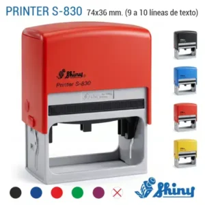 Sello automático Shiny Printer S-830 de 74x36 mm en carcasa roja con 4 colores disponibles negro, azul, rojo y amarillo y 7 colores de tinta sin entinta