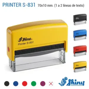 Sello automático Shiny Printer S-831 de 70x10 mm en carcasa amarilla con 4 colores disponibles negro, azul, rojo y amarillo y colores de tinta sin entintar