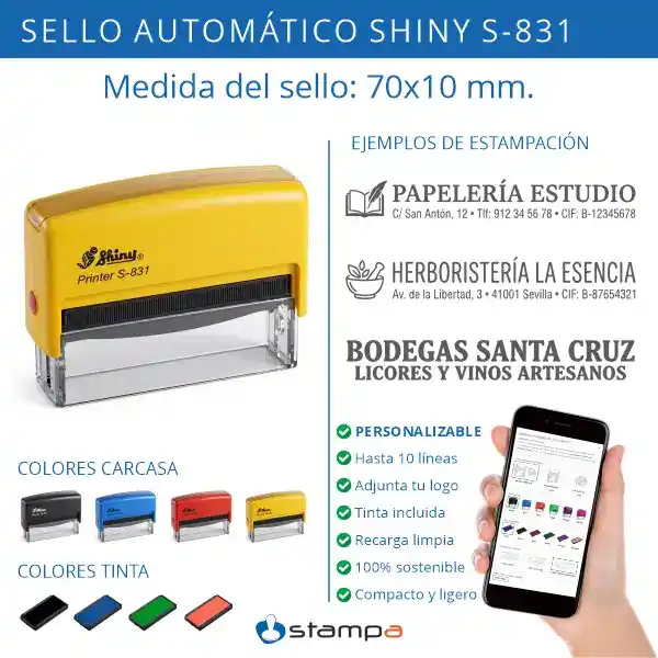 Shiny S831 - 70x10 mm. Sello automático Personalizado 3 Infografía del sello automático Shiny S-831 de 70x10 mm formato banda: personalizable 1-2 líneas, logo, 4 colores carcasa, tinta incluida y recarga limpia