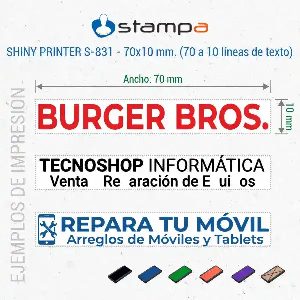 Shiny S831 - 70x10 mm. Sello automático Personalizado 5 Tres ejemplos de sello Shiny S-831 de 70x10 mm: nombre de negocio en gran tamaño en rojo, tienda informática en dos líneas y servicio de reparación de móviles con logo en azul