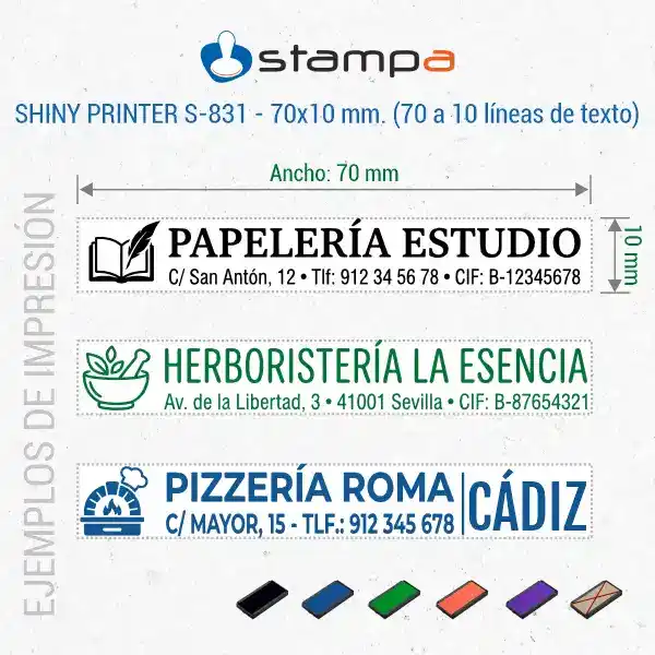 Shiny S831 - 70x10 mm. Sello automático Personalizado 4 Tres ejemplos de estampación del sello Shiny S-831 de 70x10 mm para papelería con logo, herboristería con logo y pizzería con nombre y ciudad en negro y verde