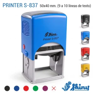 Sello automático rectangular grande Shiny S-837 de 50×40 mm personalizado con colores de carcasa negro azul rojo y amarillo