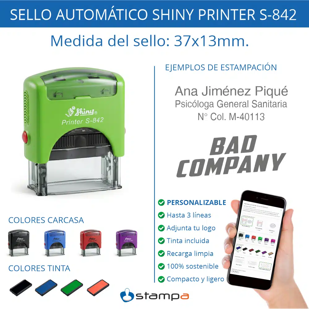 Sello automático Shiny S-842 de Stampa.es ideal para médicos y autónomos.destacando su visor transparente y mecanismo ergonómico.