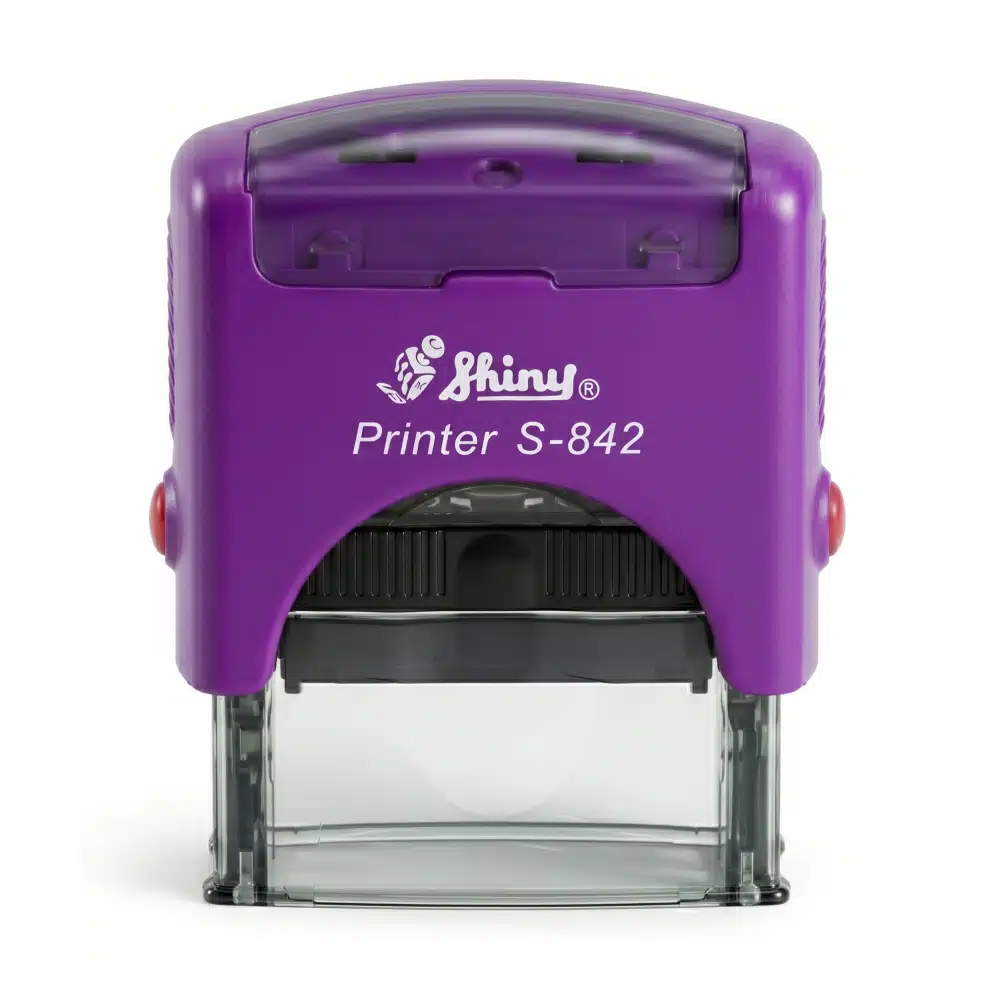 sello automático Shiny S-842 personalizado en color negro vista frontal de Stampa.es.