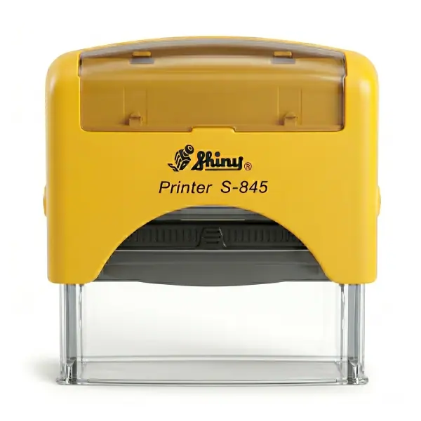 Shiny S-845 sello Automático Personalizado – 70×25 mm 2 Vista frontal del sello automático Shiny Printer S-845 de 70x25 mm en color amarillo con visor transparente