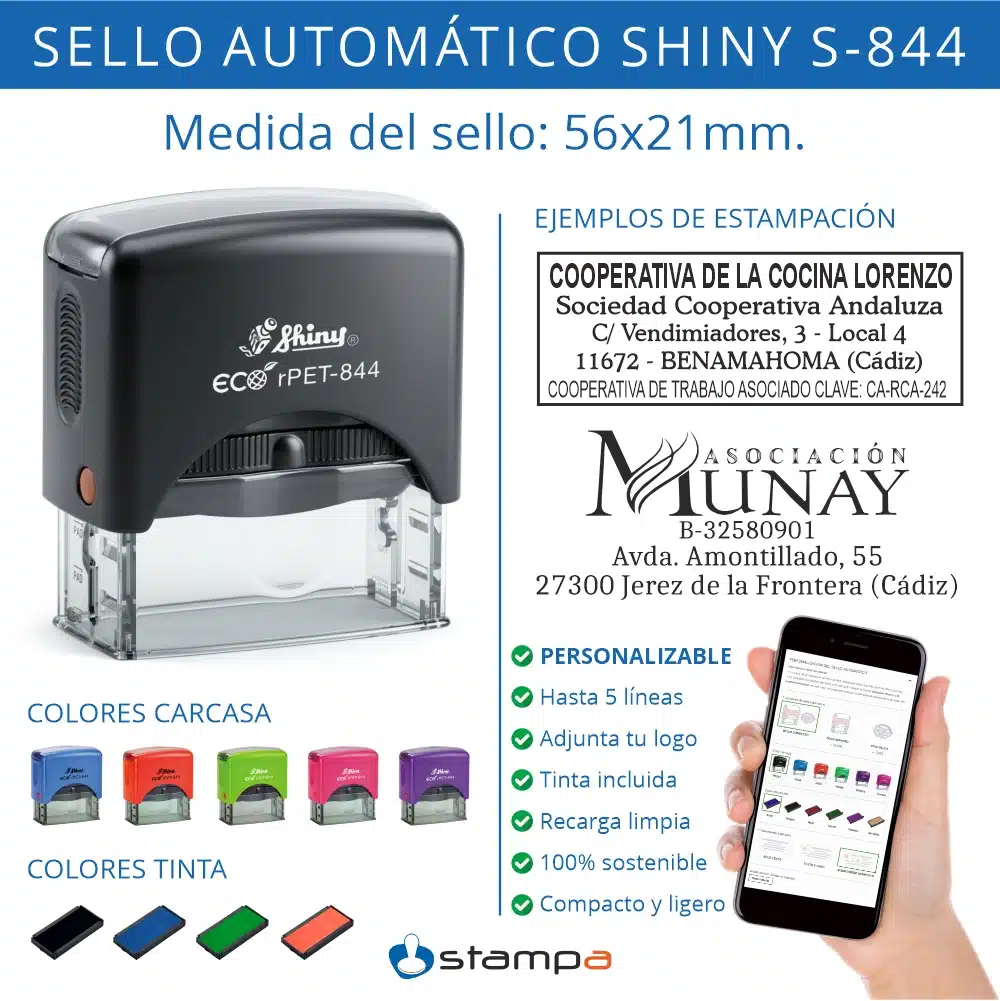 Muestra de sellado profesional con Shiny Rpet-844 incluyendo logotipo y datos fiscales en área de 56x21mm.
