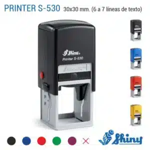 Sello automático cuadrado Shiny Printer S-530 de 30x30 mm en carcasa negra con 4 colores negro, azul, rojo y amarillo y 7 colores de tinta disponibles