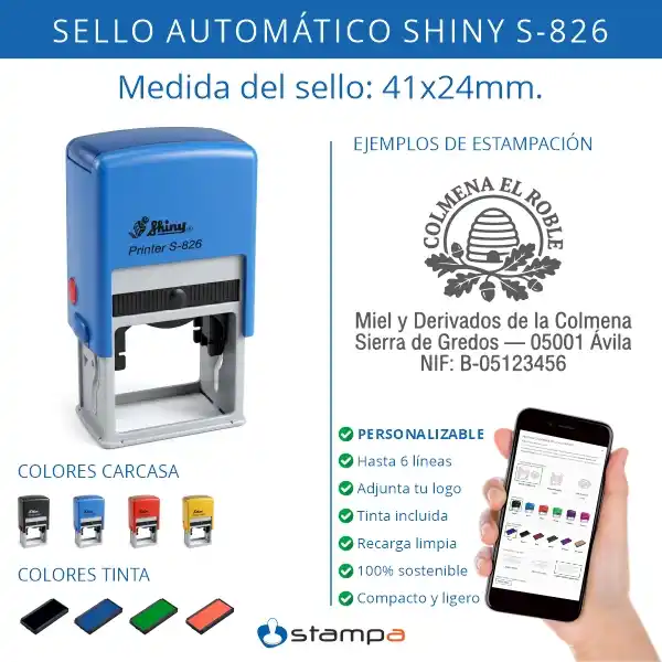 Shiny S-826 - 41x24 mm. Sello Personalizado 3 Sello automático Shiny S-826 de 41x24 mm en azul con colores de carcasa disponibles, colores de tinta y ejemplo de personalización para empresa artesanal con logotipo