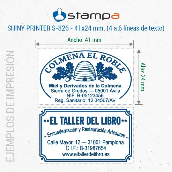 Shiny S-826 - 41x24 mm. Sello Personalizado 5 Ejemplos de estampación del sello Shiny S-826 de 41x24 mm para empresa artesanal de miel con logotipo oval y para taller de encuadernación con borde decorativo