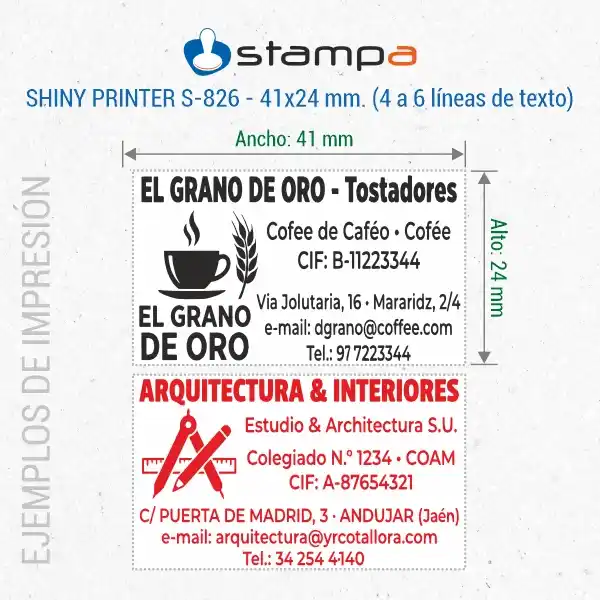 Shiny S-826 - 41x24 mm. Sello Personalizado 4 Ejemplos de estampación del sello Shiny S-826 de 41x24 mm para tostadero de café con logo y datos y para estudio de arquitectura con número de colegiado