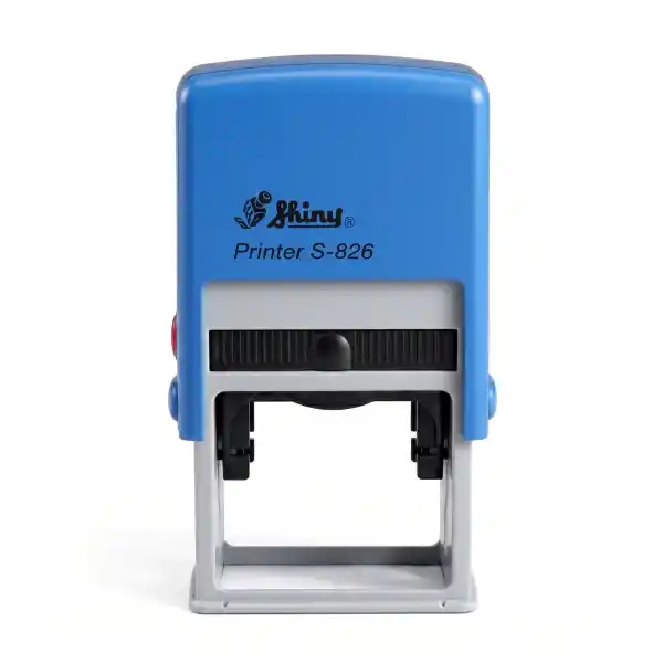 Shiny S-826 - 41x24 mm. Sello Personalizado 2 Vista frontal del sello automático Shiny Printer S-826 de 41x24 mm en color azul con base transparente para posicionamiento preciso