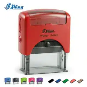 Sello automático Shiny S-843 rojo con su caja original, almohadillas de tinta de repuesto y tarjetas de muestra de Stampa.es.Accesorios