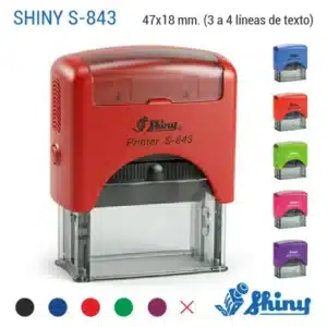 Sello automático Shiny S-843 rojo con su caja original, almohadillas de tinta de repuesto y tarjetas de muestra de Stampa.es.Accesorios