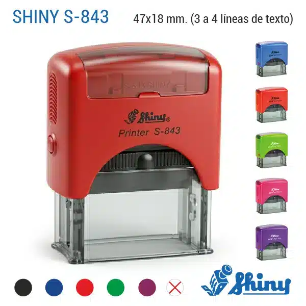 Shiny S843 - 47x18 mm. - Sello Automático Personalizado 1 Sello automático Shiny S-843 rojo con su caja original, almohadillas de tinta de repuesto y tarjetas de muestra de Stampa.es.Accesorios