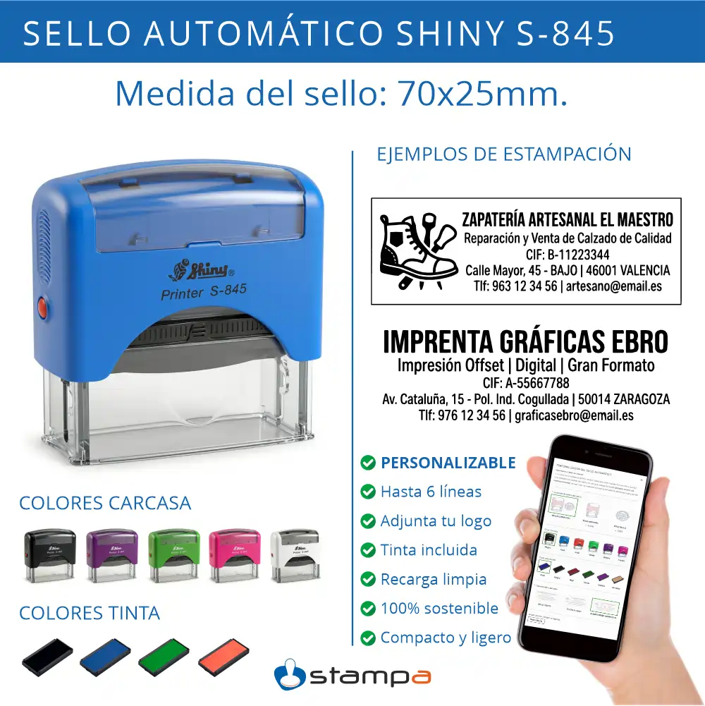 Shiny S-845 sello Automático Personalizado – 70×25 mm 3 Sello Shiny Printer S-845 de 70x25 mm con todos los colores de carcasa disponibles: negro, azul, rojo, verde, violeta, rosa y gris