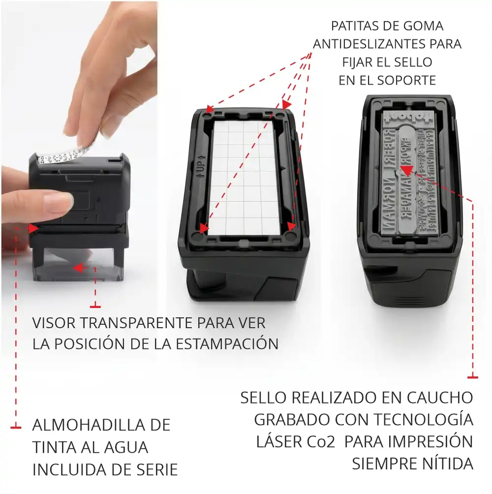 Printy 4923 - 30x30 mm. Sello Personalizado 9 Infografía de despiece mostrando las patitas antideslizantes, visor transparente, almohadilla de tinta al agua y caucho grabado con láser de un sello Trodat Printy genérico.