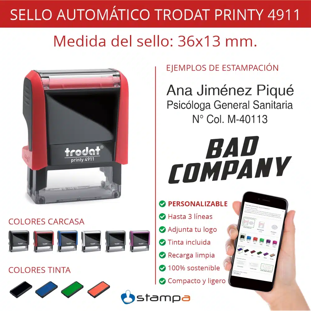Ficha de producto del sello automático Trodat Printy 4911 con ejemplos de estampación, características y opciones de personalización.