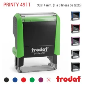Sello automático Trodat Printy 4911 de 38x14 mm en color verde con todos los colores de carcasa disponibles y colores de tinta para 1 a 3 líneas de texto personalizado