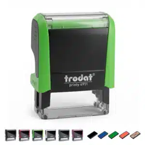 Primer plano del sello Trodat Printy 4911 personalizado destacando la base transparente para un posicionamiento preciso de la estampación.