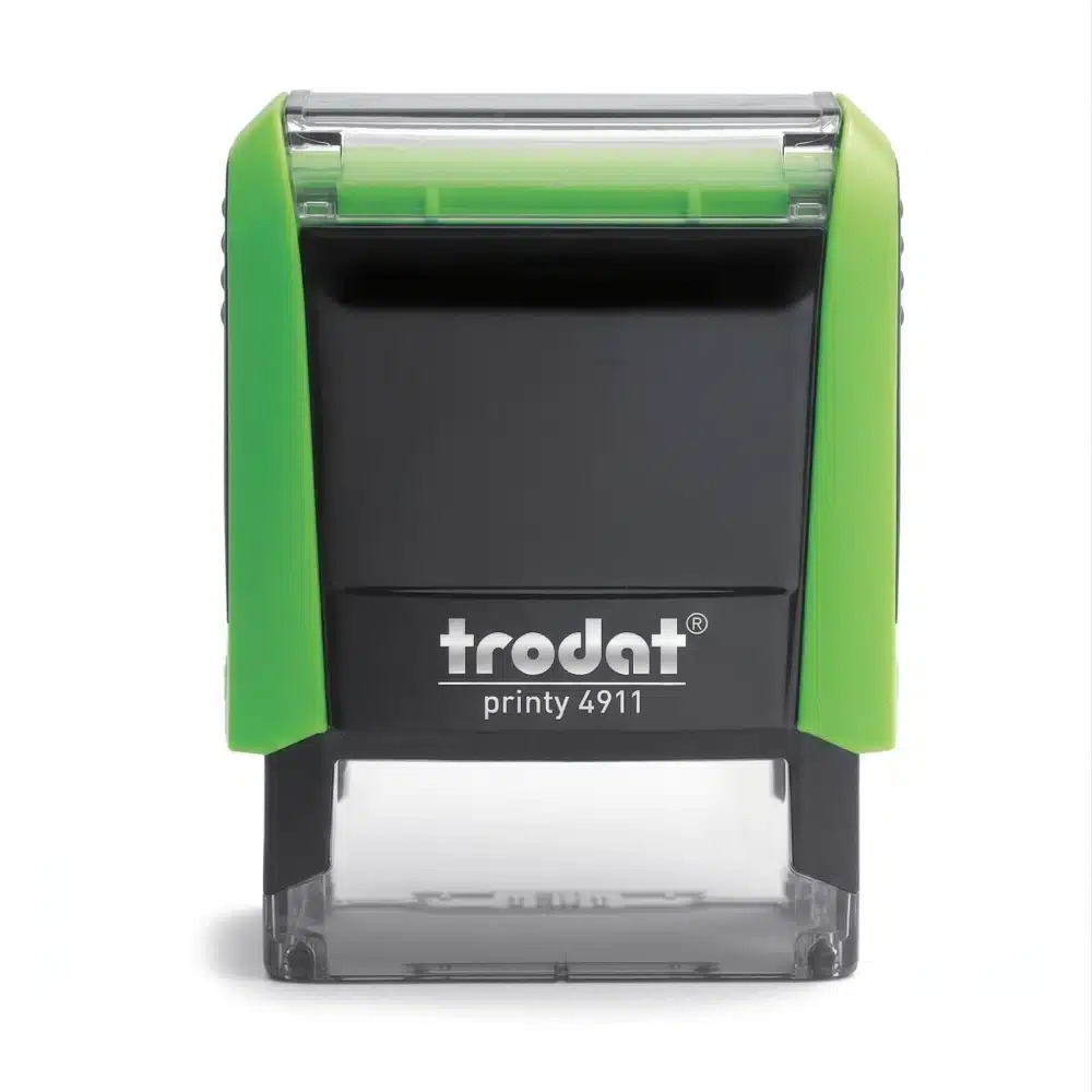 Sello automático Trodat Printy 4911 original en color negro, vista frontal sobre papel texturizado.