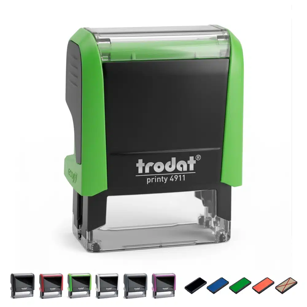 Primer plano del sello Trodat Printy 4911 personalizado destacando la base transparente para un posicionamiento preciso de la estampación.