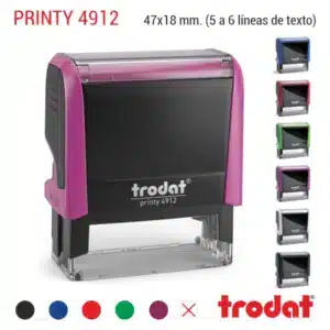 Sello automático Trodat Printy 4912 de 47x18 mm en color fucsia con todos los colores de carcasa disponibles y colores de tinta para 5 a 6 líneas de texto personalizado