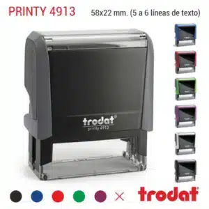 Sello automático Trodat Printy 4913 de 58x22 mm en color negro con todos los colores de carcasa disponibles y colores de tinta para 5 a 6 líneas de texto personalizado