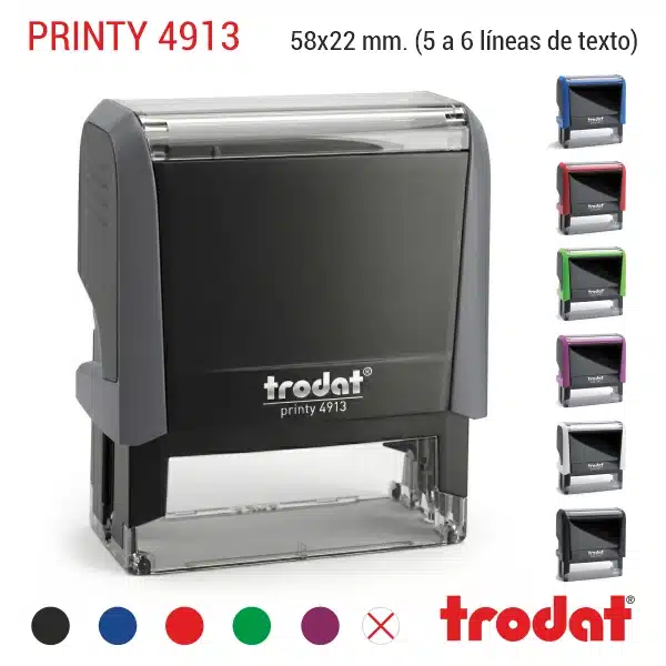 Sello automático Trodat Printy 4913 de 58x22 mm en color negro con todos los colores de carcasa disponibles y colores de tinta para 5 a 6 líneas de texto personalizado